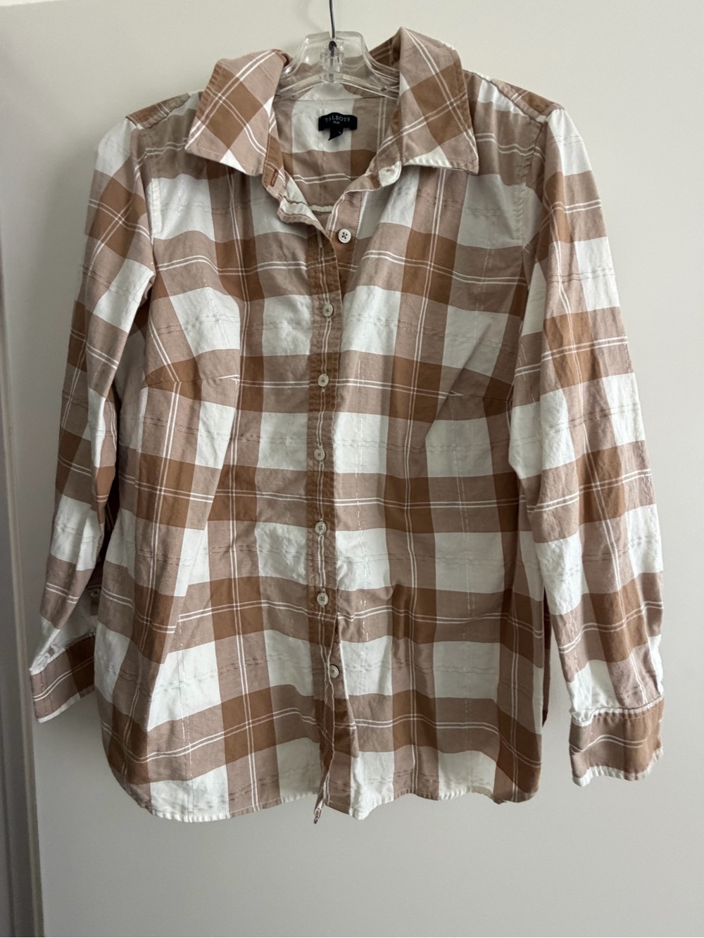 Talbots White and Brown Plaid Button-Down Shirt